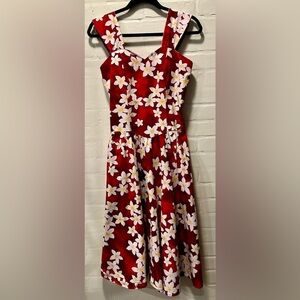Royal Creations Red Plumeria Floral Rockabilly Midi Dress Made in Hawaii USA M